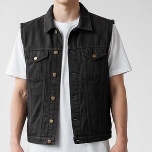 Dream Apparel Mens Black Denim Biker Vest Snap Front Sleeveless Jacket Size 36